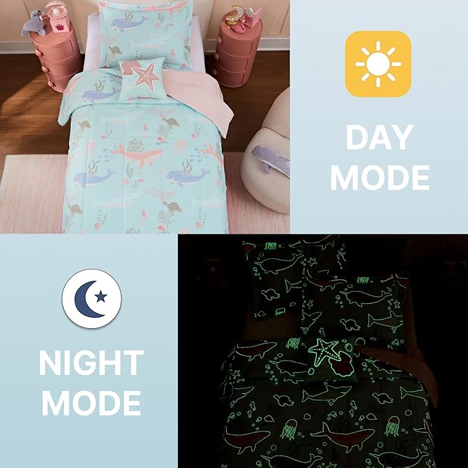 Twin Comforter Set for Girls-3 Pieces Ocean Animals Glow in the Dark Twin Bedding Sets for Kids,1 Comforter,1 Sham and 1 Decor Pillow