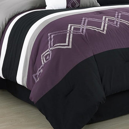 Chezmoi Collection Arden 7-Piece Modern Pleated Stripe Embroidered Zigzag Bedding Comforter Set (Queen, Purple/Black/Gray/White)