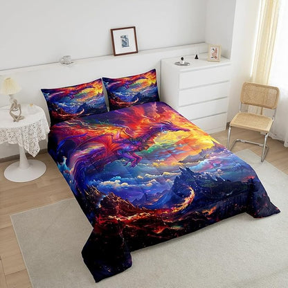 Dragon Comforter Set King Size,Starry Sky and Flame Mountain Bedding Set 3Pcs,Kids Girls Boys Teens Room Decor,Magical Animals Quilt Set Purple Western Wildlife Theme Duvet Insert,2 Pillowcases