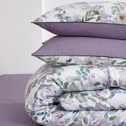 mixinni Garden Style Purple Floral Printed on White Duvet Cover Queen Size Flower Leaves Pattern Long Staple Cotton Bedding Set with Zipper Ties for Him and Her, Easy Care, Soft and Breathable