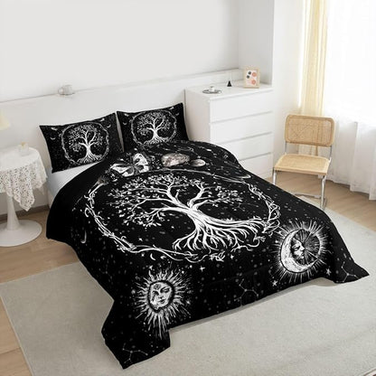 Feelyou Sun and Moon Comforter Bohemian Tree Butterfly Style Bedding Set Psychedelic Hippie Comforter Set for Boys Girls Children Teens Bedroom Decor Galaxy Astrology Duvet Set King Size
