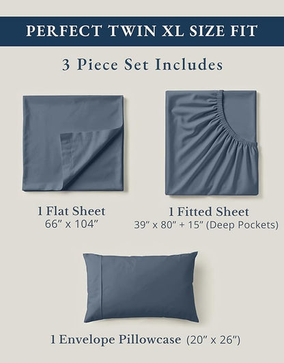 LANE LINEN 100% Organic Cotton Eco Friendly Fully Elasticized Twin XL Sheet Set, Low Pilling Fade Resistant Machine Washable Extra Long Twin Bedding Set, Soft & Comfy Cotton Sheets-Estate Blue