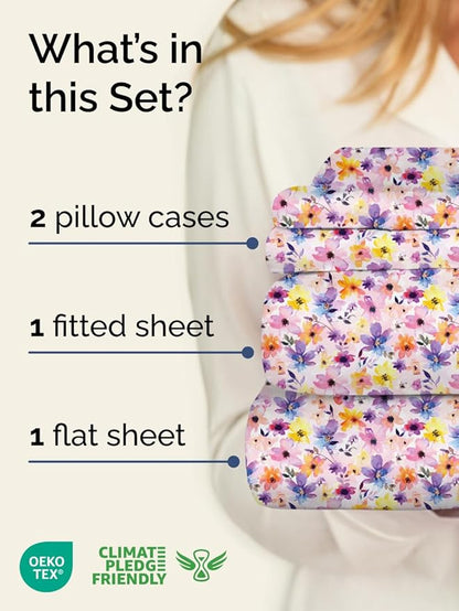 Floral Sheets - Pink Flower Bed Sheet Set - 1 Flat, 1 Fitted & 2 Pillowcases w/ Deep Pockets - Comfy, Cozy, Wrinkle & Fade Free - Boho Botanical Bedding - Soft, Breathable & Cooling - Cal King Set