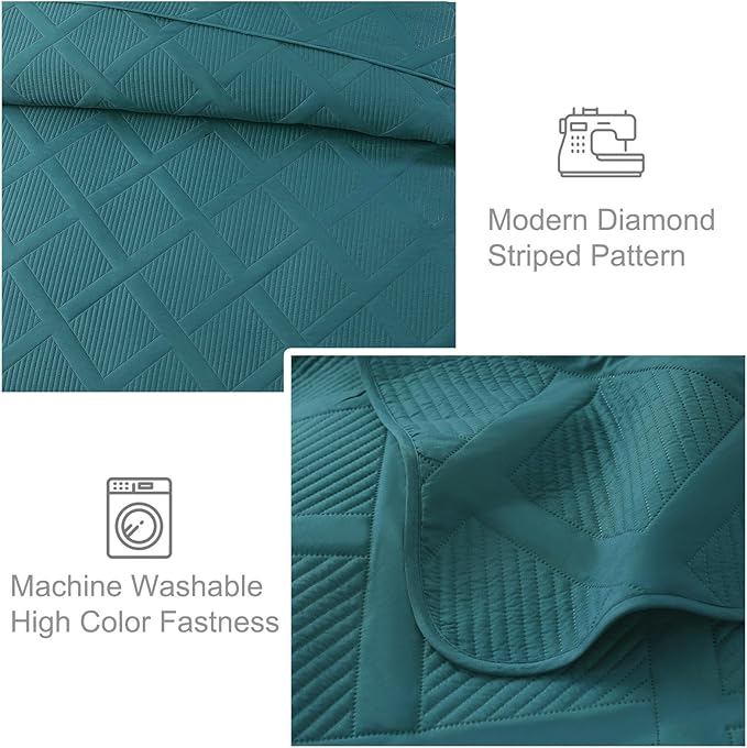 Exclusivo Mezcla Quilts Queen Size - Teal Quilt Set Bedspread with 2 Pillow Shams, Modern Bedding Set with Striped Pattern, Soft Lightweight Bedspreads Queen Size for All Seasons