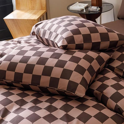 Houseri Brown Plaid Comforter Set King Chocolate Coffee Color Chessboard Bedding Sets Mocha Buffalo Checkered Bed Quilt Blanket King