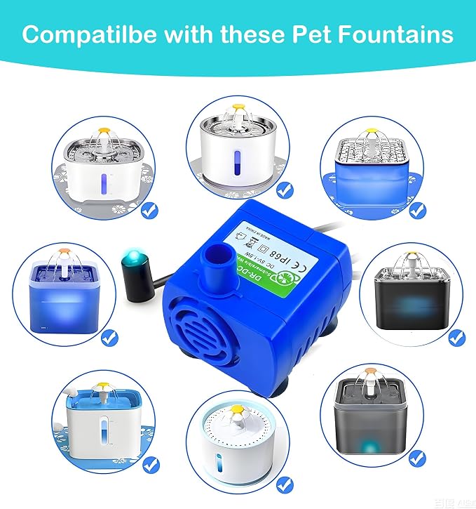 Cat Water Fountain Replacement Pump for DR-DC160 | IP68 Stainless Steel Submersible Pump, Quiet Design & Auto Shutoff Sensor for Pet Automatic Drinking Dispenser
