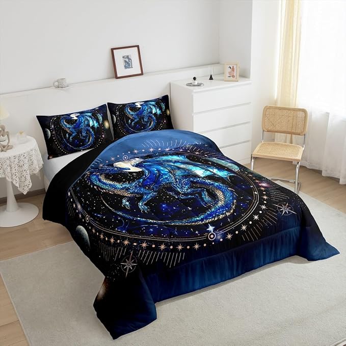 Feelyou Dragon Comforter Set King Size Dragon Stuff Comforter for Boys Girls Teens Luxury Bedding Set Dragon Decor Duvet Set Room Decor Blue Black Quilt Set