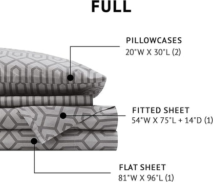 Comfort Spaces 100% Cotton Sheet Set Breathable, Lightweight, Soft with 14" Elastic Pocket Fits up to 16" Mattress, All Season Cozy Bedding, Matching Pillow Case, Full Diamond Sliver 4 Piece