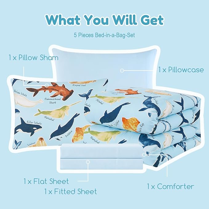 Twin Comforter Set for Boys-5 Pieces Ocean Animals Glow in the Dark Twin Bedding Sets for Kids, Ultra Soft Bed in A Bag with Sheets