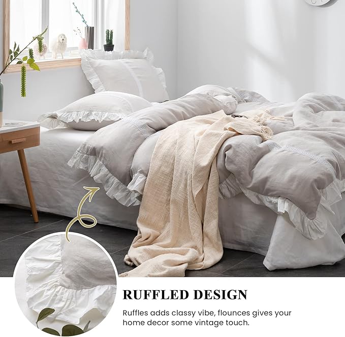 Simple&Opulence 100% Linen Duvet Cover Set (88"x92") Floral Flax Queen Size, Shabby Chic Ruffle Edge Lace Insert Decoration, 3 Pcs Farmhouse Bedding-1 Comforter Cover 1 Pillow Shams, Floral Grey