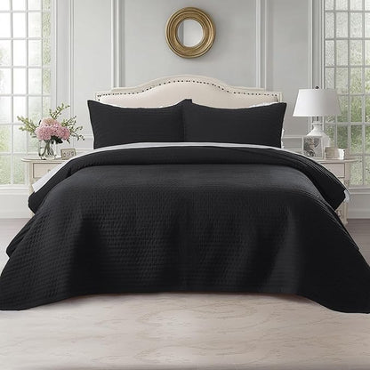 KASENTEX Queen Quilt Set 90"x90" – Soft Washed 3-Layer Lightweight Bedspread, Minimalist Nordic Design, All-Season Spring & Summer Quilt Set (1 Quilt + 2 Pillow Shams), Jet Black