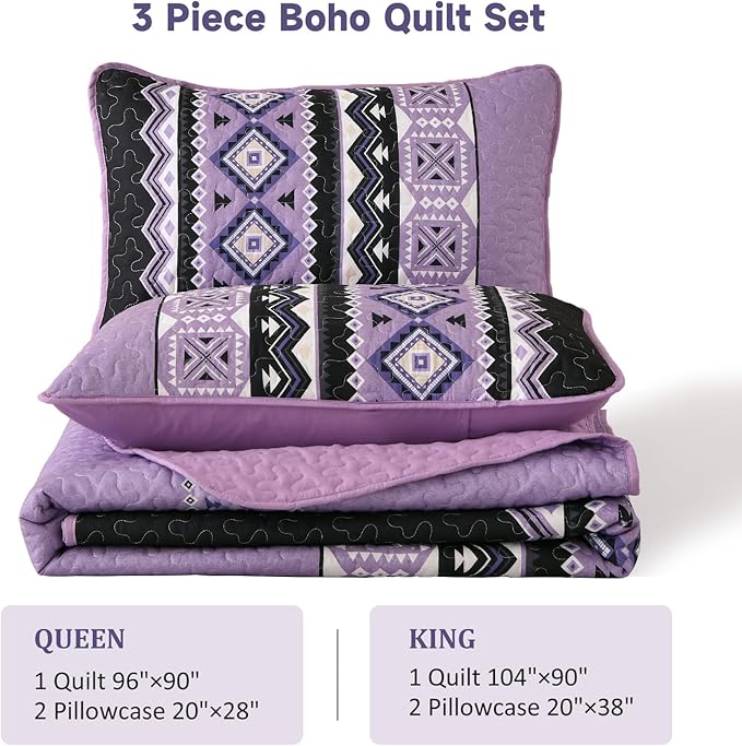 WONGS BEDDING 3 Pieces Quilt Set King Size, Purple Quilt Bedspread Lightweight Bohemian Coverlet Set with 2 Pillowcase, Soft Geometry Printed Bedding Set King for All Season 104"×90"