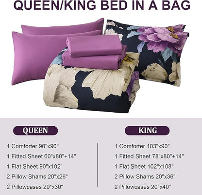 Dobuyly Dark Purple Comforter Set Queen 7 Piece Bed in a Bag, Elegant Floral Comforter Set with Sheets, Soft Microfiber Botanical Flower Bedding Set for All Season