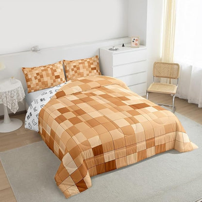 Pixelated Miners Blocks Kids Bedding Set King Size,Patchwork Square Video Games Comforter Set,Geometric Patchwork Grid Quilt Comforter,Light Brown Bedroom Duvet Insert,2 Pillowcases