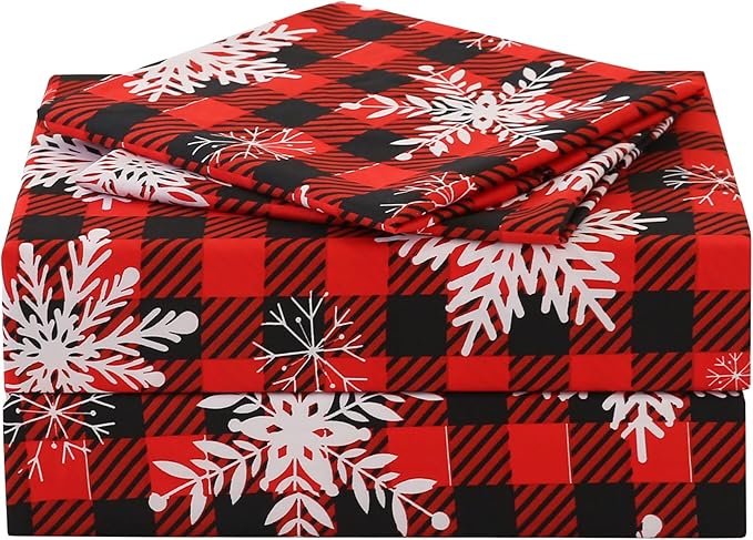 JSD Red Buffalo Plaid Snowflakes Sheet Set Full Size, 4 Piece Christmas Winter Microfiber Bedding Sheets Extra Deep Pocket