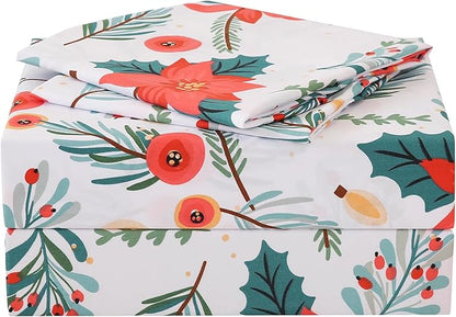 JSD Floral Printed Sheet Set Full Size 4 Piece, Poinsettia Pattern Microfiber Bed Sheets Extra Deep Pocket, Oeko-tex Certified