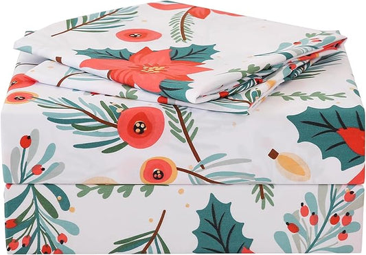 JSD Floral Printed Sheet Set Full Size 4 Piece, Poinsettia Pattern Microfiber Bed Sheets Extra Deep Pocket, Oeko-tex Certified