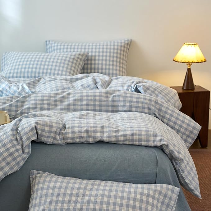 EAVD Vintage Style Blue&White Plaid Gingham Duvet Cover Twin Soft 100% Washed Cotton Chic Grid Checkered Bedding Set with 2 Pillowcases Farmhouse Blue Plaid Duvet Cover with Zipper Closure