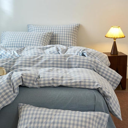 EAVD Vintage Style Blue&White Plaid Gingham Duvet Cover Full Soft 100% Washed Cotton Chic Grid Checkered Bedding Set with 2 Pillowcases Farmhouse Blue Plaid Duvet Cover with Zipper Closure