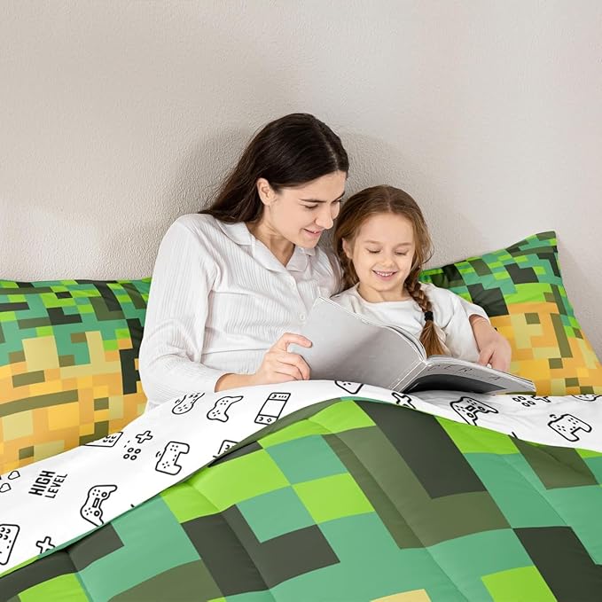 Pixelated Miners Game Kids Bedding Set King Size,Geometric Check Video Games Comforter Set,Gamepad Grid Gaming Quilt Comforter,Green Yellow Bedroom Duvet Insert,2 Pillowcases