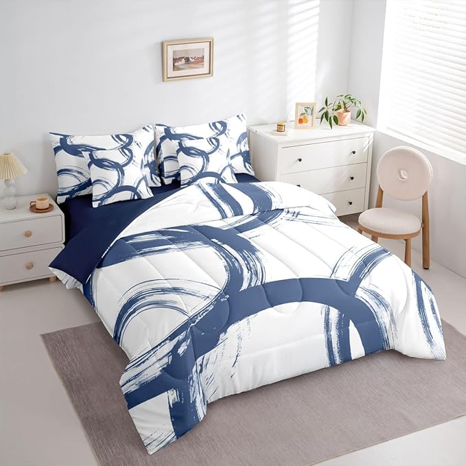 Erosebridal Blue and White 7 Piece Comforter Set King Abstract Line Ink Painting Bedding Set for Kids Boys Girls Simple Minimalist Graffiti Art Modern Geometric Sheet Set Boho Cool Unique Mens Quilt