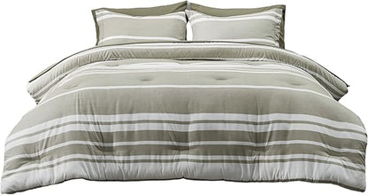Bedsure Queen Comforter Set 7 Pieces, Olive Green Striped Bedding Set for All Seasons, Reversible, Cationic Dyeing Bed in a Bag with Comforter, Sheets, Pillowcases & Shams
