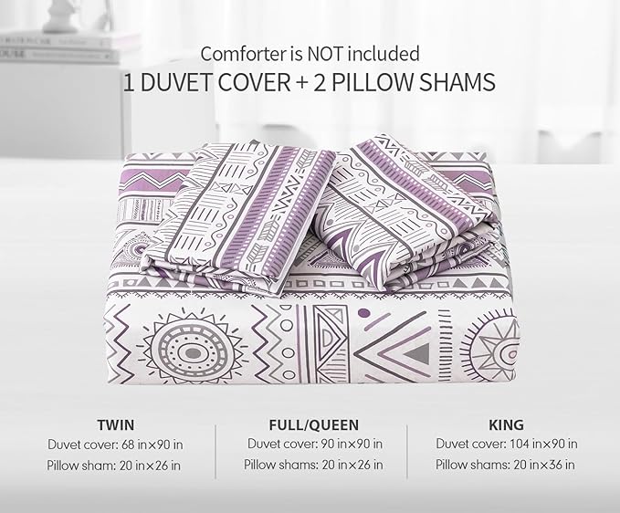 SLEEPBELLA Boho Chic Striped King Size Duvet Cover Set - 100% Cotton with Button Closure in White and Purple
