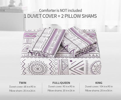 SLEEPBELLA Boho Chic Striped King Size Duvet Cover Set - 100% Cotton with Button Closure in White and Purple