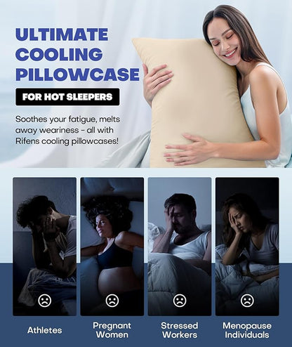 Ice Cooling Pillowcase for Hot Sleepers, Instantly Cool, Stays Cold All Night, Softer Than Silk Pillow Cases, Pillow Covers with Invisible Zipper, Gift for Men & Women - King Size, Beige (1 Pack)