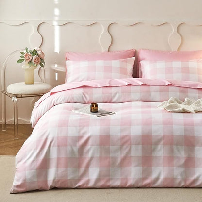 Wake In Cloud - Gingham Comforter Set, Plaid Buffalo Check Checkered Cottagecore Cute Geometric, Soft Lightweight Bedding, 3 Pieces, Pink, Queen Size