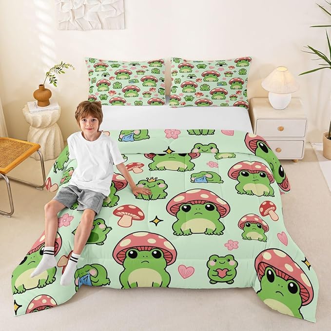 Mushroom Frog Bedding Set Full Size Cute Mushroom Comforter Set 3pcs for Kids Girls Boys Bedroom Decor Cartoon Animals Plants Quilt Set Pink Green Duvet Insert,2 Pillowcases