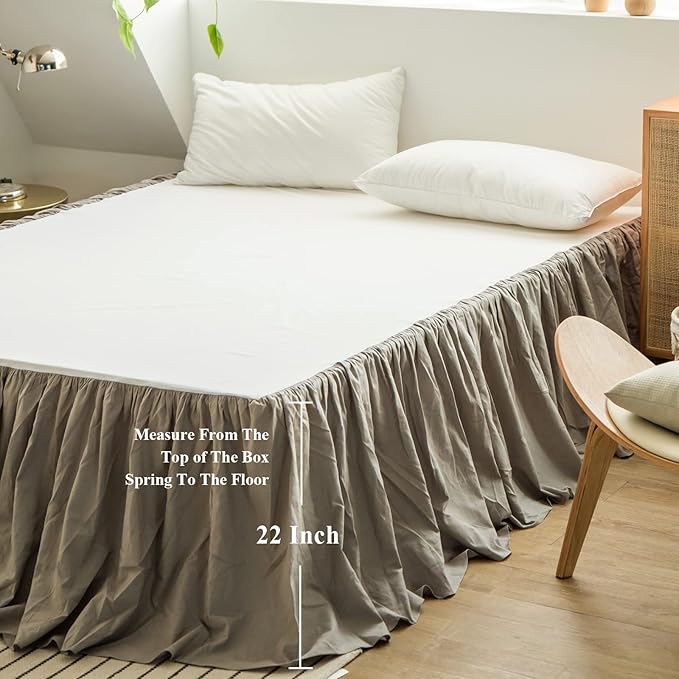 BISELINA French Linen Bed Skirt with Pleated Frills 22-Inch Tailored Drop Natural Flax Cotton Blend Dust Ruffle Soft Cozy Farmhouse Bedding (22" Twin, Grey)