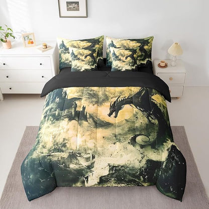 Erosebridal Gothic Dragon Bed in a Bag Queen Comforter Set 7 Piece,Vintage Black Fantasy Castle Bedding Sets Prehistoric Antique Animal Sheet Set with Comforter