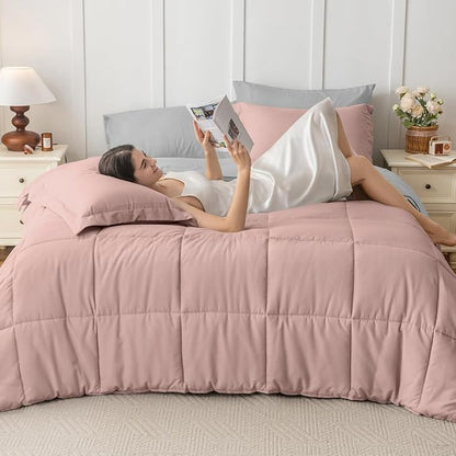 JOLLYVOGUE Twin Comforter Set, Ultra-Soft Bed in a Bag Twin Size 5 Pieces, Oeko-TEX Certified Bedding Set with Down Alternative Comforter, Sheets, Pillowcases & Shams, Pink & Light Grey