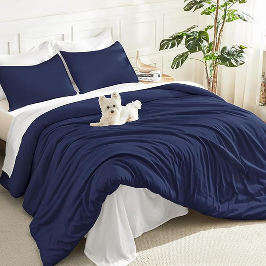 Litanika Navy Blue Twin/Twin XL Comforter Set, 2 Pieces Lightweight Solid Bedding Comforter Set, All Season Fluffy Bed Set (66x90In Comforter & 1 Pillowcase)