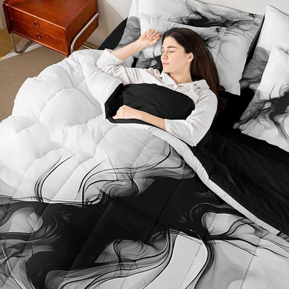 Erosebridal Black and White 7 Piece Comforter Set Queen Abstract Bedroom Decor for Men Teens Modern Ombre Grey Marble Bedding Set Elegant Ink Texture Neutral Sheet Set Marbling Minimalist Art Quilt