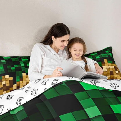 Pixelated Miners Blocks Kids Bedding Set Queen Size,Patchwork Square Video Games Comforter Set,Geometric Patchwork Grid Quilt Comforter,Green Yellow Bedroom Duvet Insert,2 Pillowcases