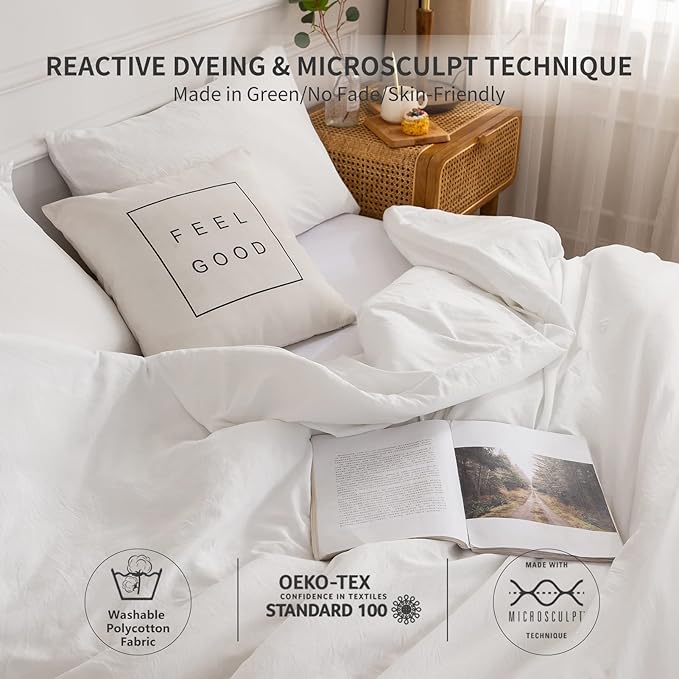 COTTEBED White Comforter King Size Set Bed, Luxury Hotel Super Soft Fluffy Washed Cotton, 1 Down Comforter 2 Pillowsham, Lightweight Modern Solid Bedding Collection All Season (White,King/Cal King)