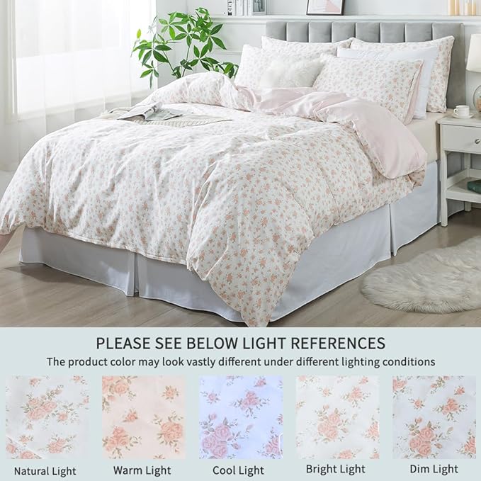 FADFAY Queen Duvet Cover Set Pink Floral Comforter Cover 100% Cotton Girls Pink White Flower Bedding Garden Style Blush Bedding for All Season Soft Bedding with 2 Pillowcases, Queen