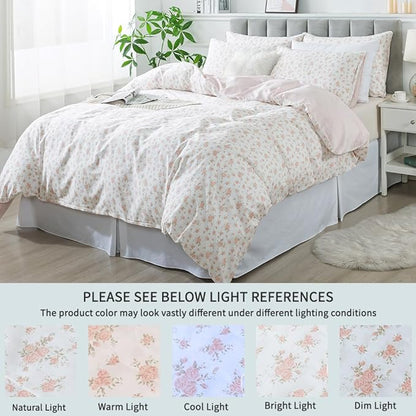 FADFAY Queen Duvet Cover Set Pink Floral Comforter Cover 100% Cotton Girls Pink White Flower Bedding Garden Style Blush Bedding for All Season Soft Bedding with 2 Pillowcases, Queen