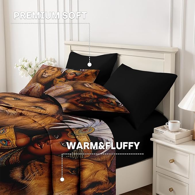 Nesker Comforter Set Twin Size, Regal Lions Queen Woman 5 Pcs Bedding for Kids and Adults, African Wildlife Brown Bed Sheet Sets with Fitted Sheet Pillowcase & Sham