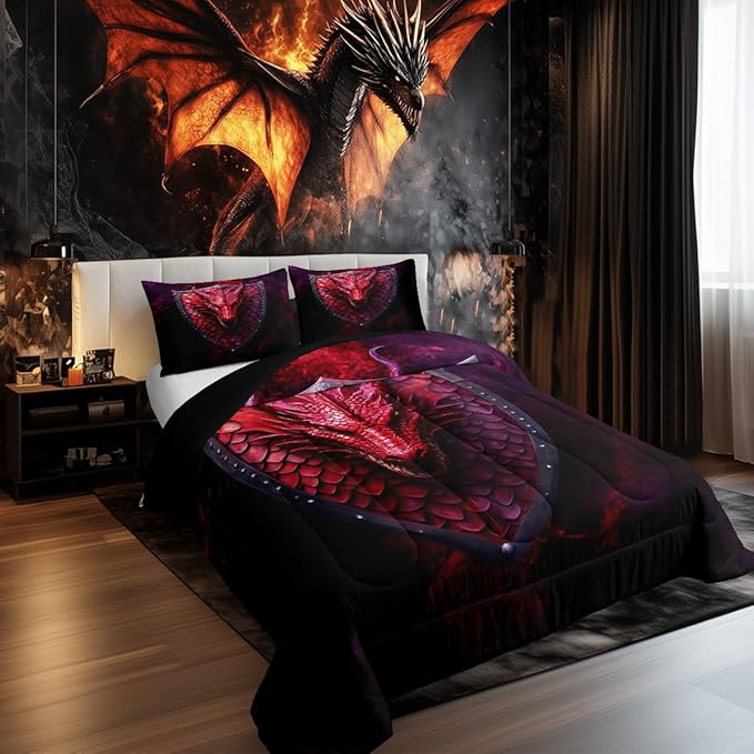 Castle Fairy Dragon Twin Size Comforter Set,3D Wildlife Animals Scales Quilt Set Soft Bed Collection,Western Fierce Animals Bedding Comforter for Boys Girls Room Decor,2 Pcs