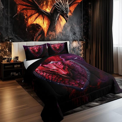 Castle Fairy Dragon Twin Size Comforter Set,3D Wildlife Animals Scales Quilt Set Soft Bed Collection,Western Fierce Animals Bedding Comforter for Boys Girls Room Decor,2 Pcs