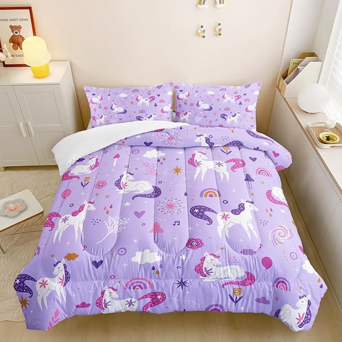Unicorn 3-Piece Bedding Set for Girls - Violet, 3 Pieces: 1 Comforter, 2 Pillowcases - Rainbow Clouds Star Quilt Set - All Seasons