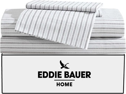 Eddie Bauer - Full Sheet Set, Cotton Percale Bedding Set, Super Soft and Bedding Set, Oeko-Tex Certified (Ticking Stripe Grey, Full)