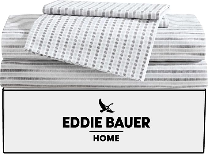 Eddie Bauer - King Sheet Set, Cotton Percale Bedding Set, Super Soft and Bedding Set, Oeko-Tex Certified (Ticking Stripe Grey, King)