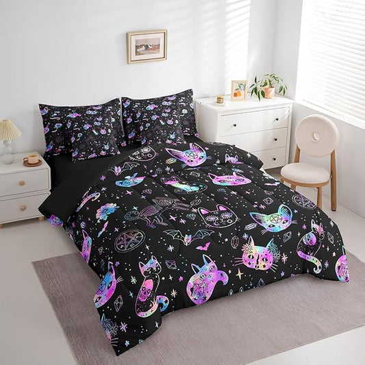 Ombre Cat Skull Comforter Set King Size,Black Galaxy Starry Bed Set 7pcs with Comforter,Fitted Sheet,Flat Sheet,2 Pillowcases,2 Throw Pillow Covers,Gothic Constellation Bedding Set
