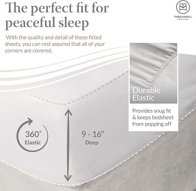 Threadmill Cotton Full Size Sheet Set| 100% Cotton Sheets for Full Size Bed | Solid Sateen Full Bed Sheets Set with 16” Elasticized Deep Pocket | Soft Breathable 4-Piece Cooling Sheet Set | White