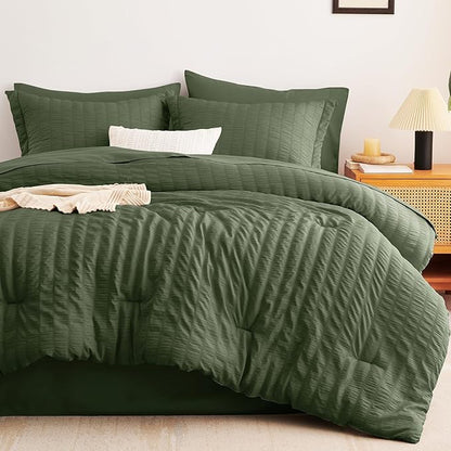 CozyLux Queen Comforter Set Olive Green Seersucker 7 Pieces Bed in a Bag Queen Comforter Set with Sheets, Luxury Bedding Sets with Down Alternative Comforter, Sheets, Pillowcases & Shams All Season