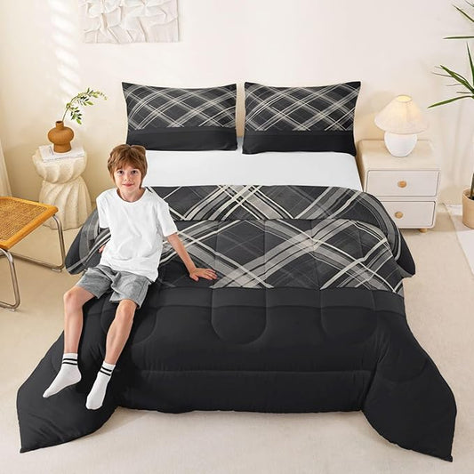 Erosebridal Grey Plaid Comforter Sets Twin,Grey Printed and Spliced Plaid Herringbone Bedding Set for Adult,Farmhouse Grey Quilt Set,Modern Simple Lattice Duvet Insert with 1 Pillowcase Lightweight